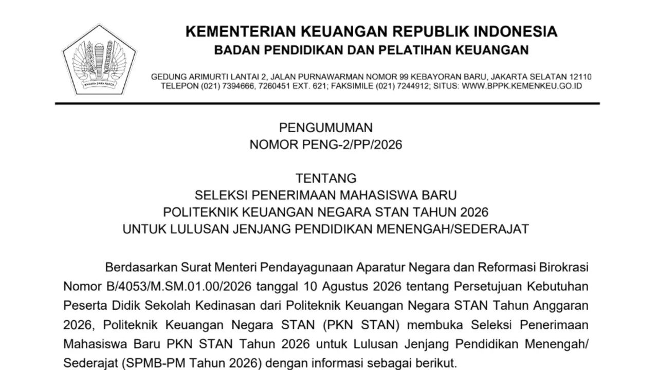 Pengumuman Pendaftaran PKN STAN 2026