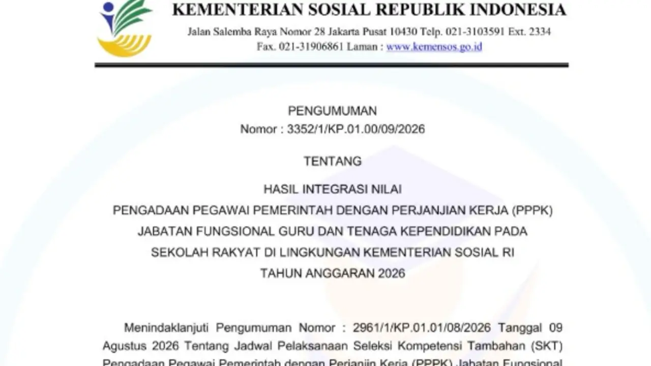 Pengumuman Hasil Integrasi Nilai CAT–SKT PPPK Sekolah Rakyat 2026